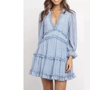 Ruffled Chiffon Boho Blue Animal Print V-Neck Long Sleeve Women Backless dress L